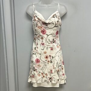 Skylar + Madison Floral Cowl Neck Slip Dress –Cream Botanical Mini Dress– Size M